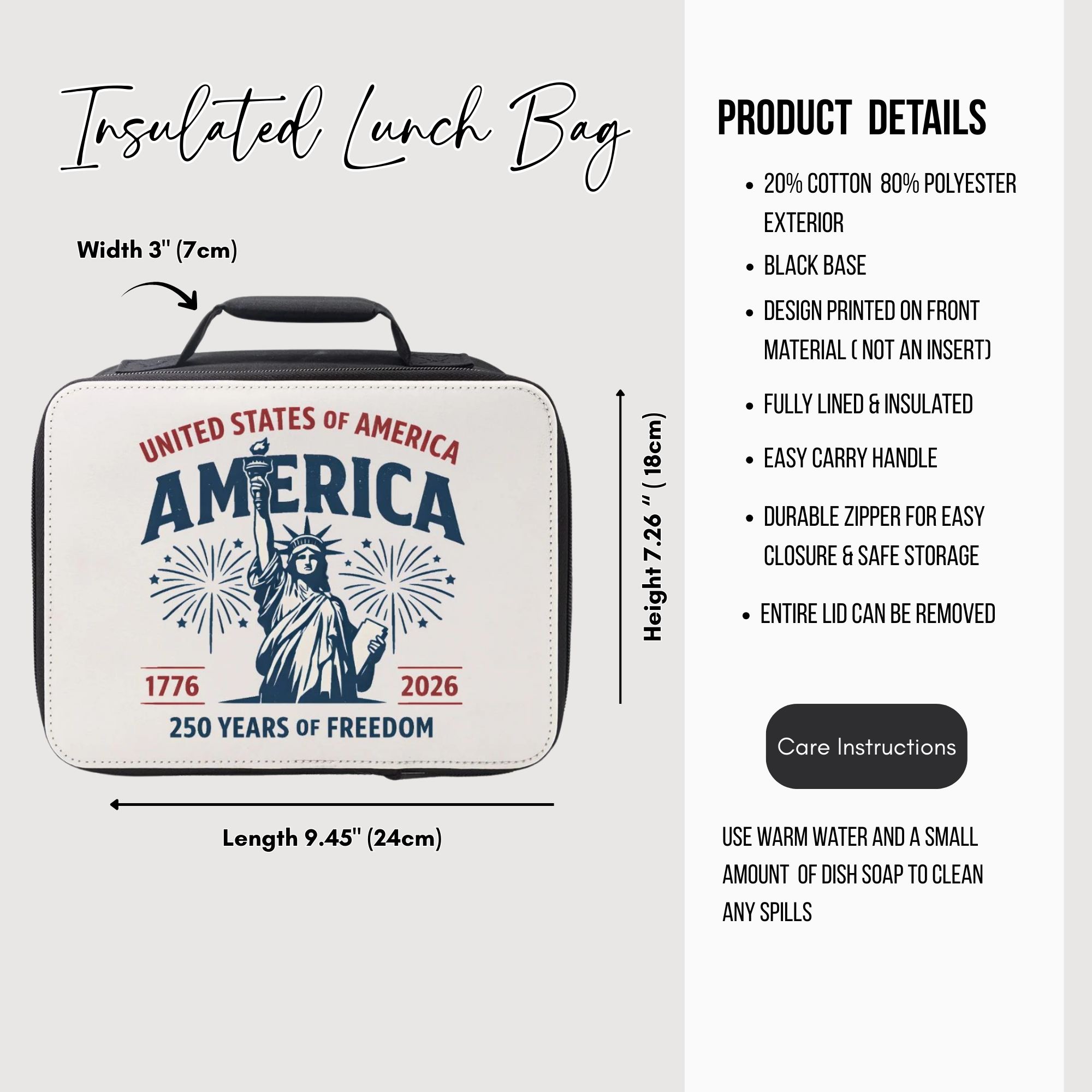 Insulated lunch bag with 'United States of America America 1776-2026' design, featuring dimensions and product details.