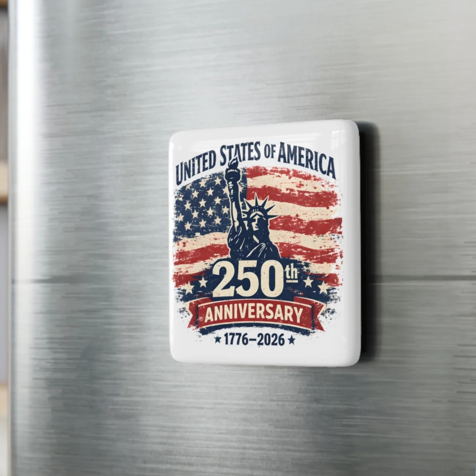 Fridge magnet celebrating the 250th anniversary of the United States of America on a metallic surface.