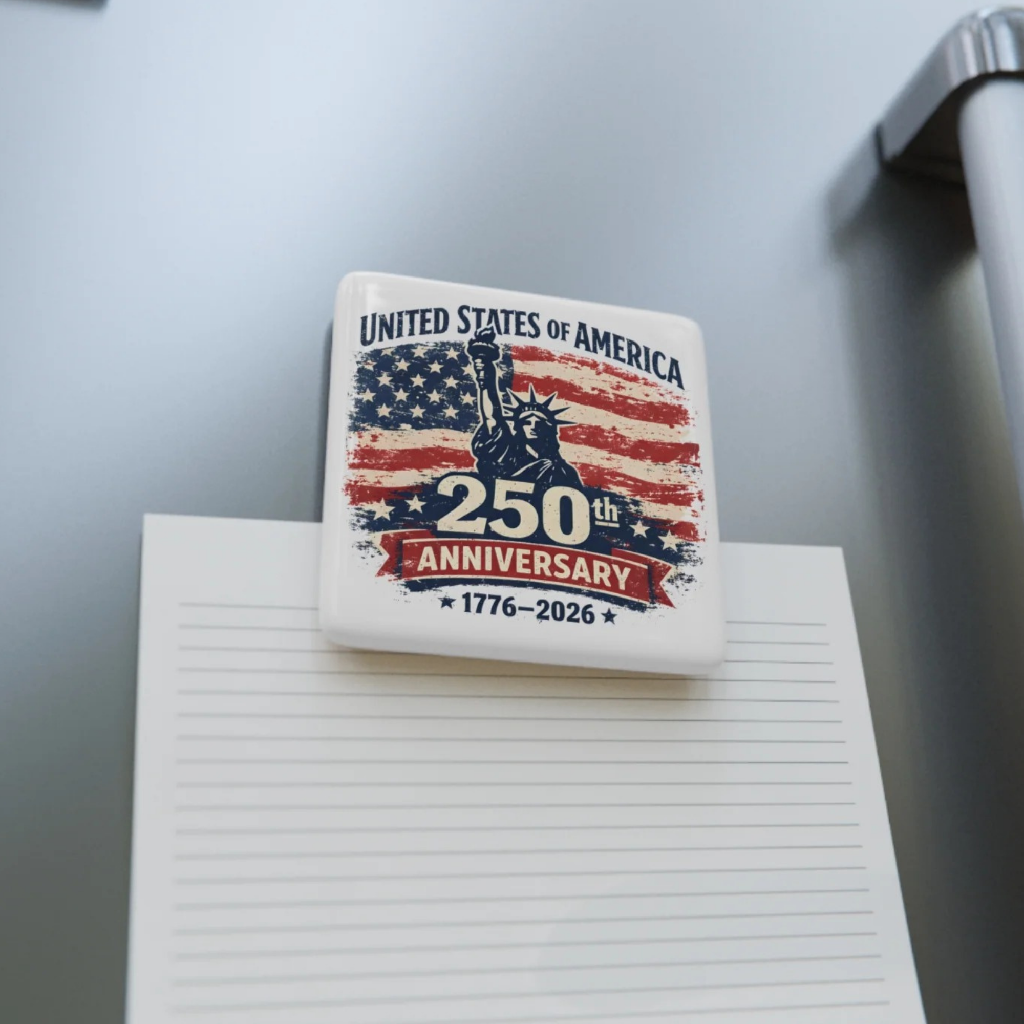Fridge magnet celebrating the 250th anniversary of the United States on a white surface.