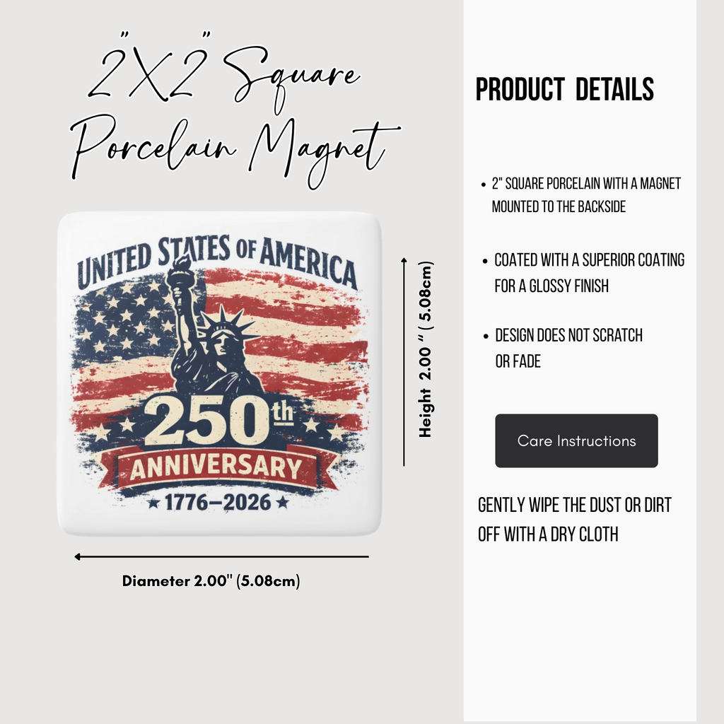 2x2 square porcelain magnet with American flag design and text on a white background
