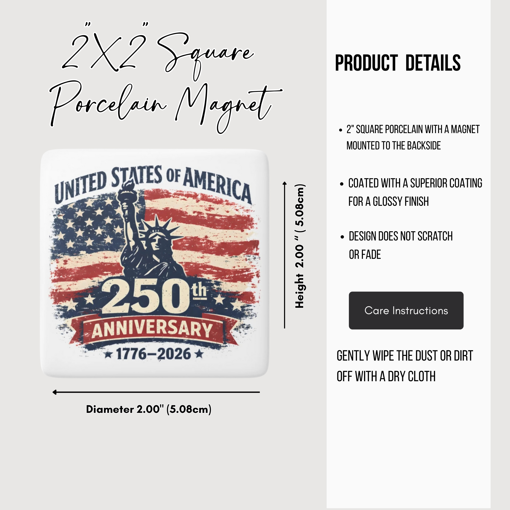 2x2 square porcelain magnet with American flag design and text on a white background