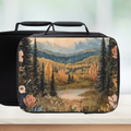 Lunch bag with nature-themed design featuring trees and a path on a white background