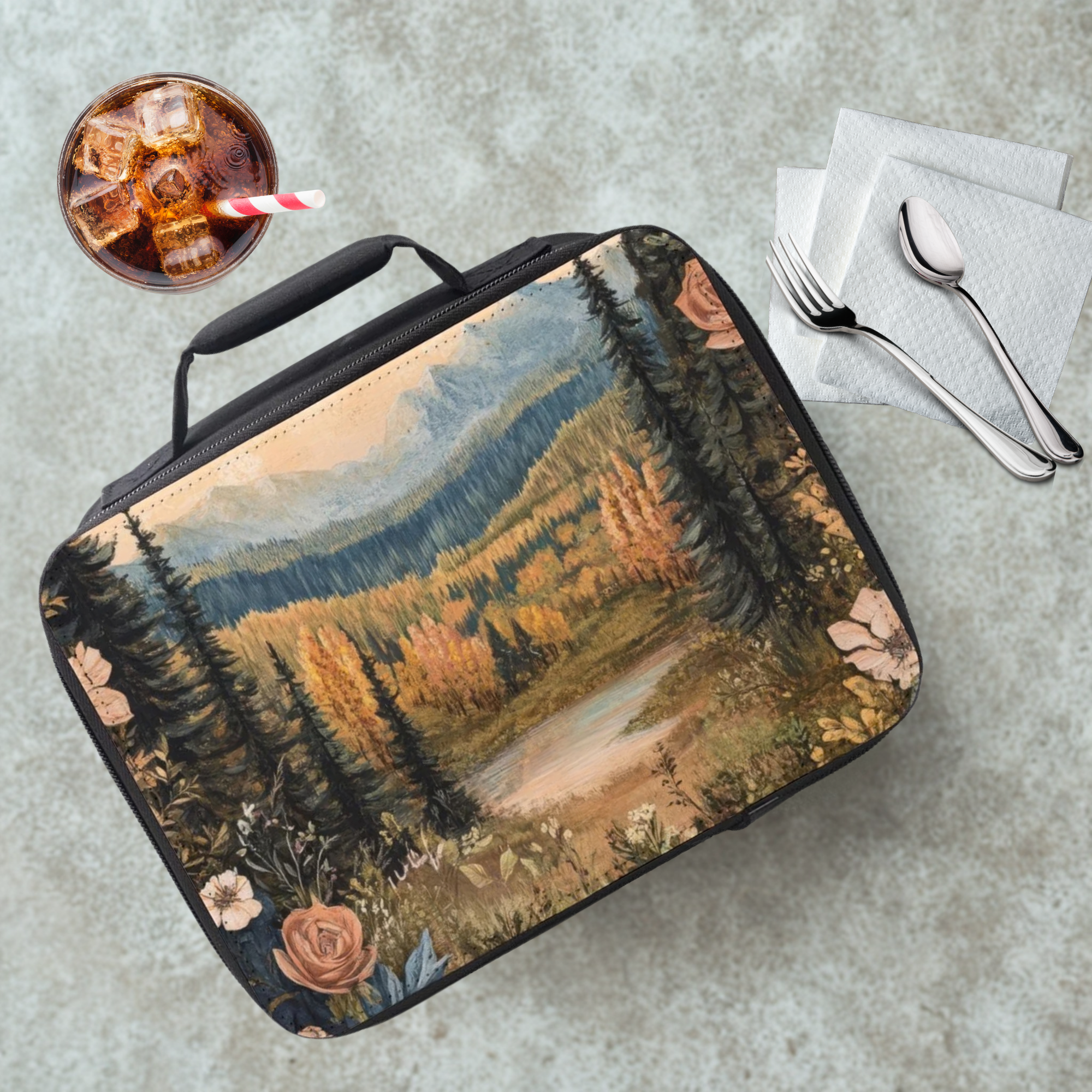  insulated lunch bag with nature design on a concrete surface