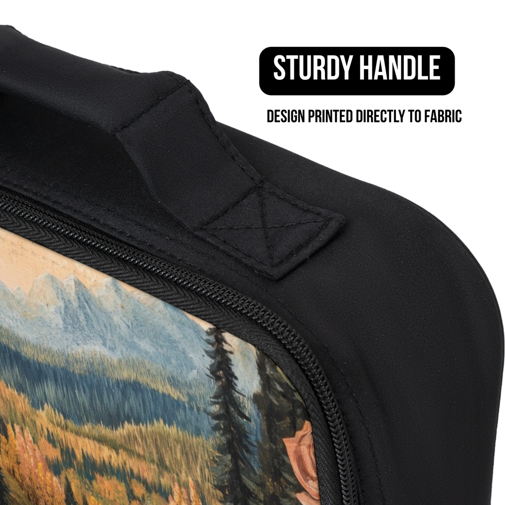 Black bag with a mountain design and 'Sturdy Handle' text on a white background