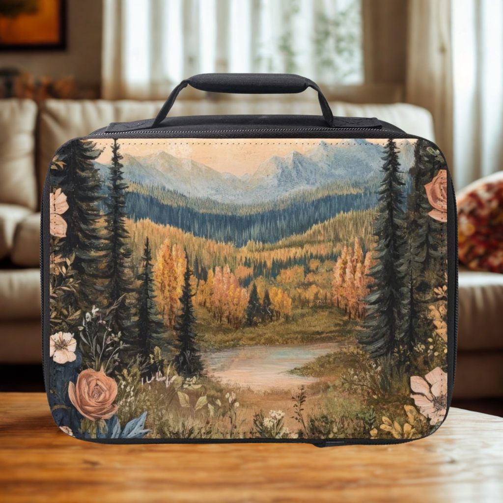  insulated lunch bag with nature design on a wooden table in a cozy living room