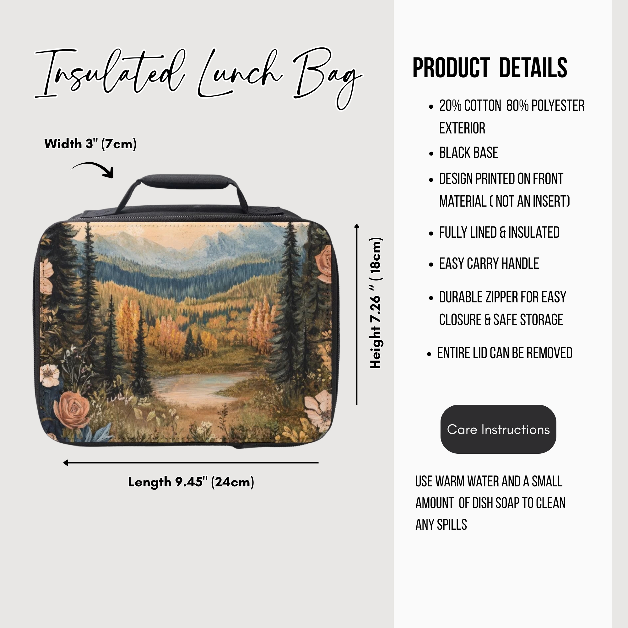 Insulated lunch bag with nature design and product details on a light gray background