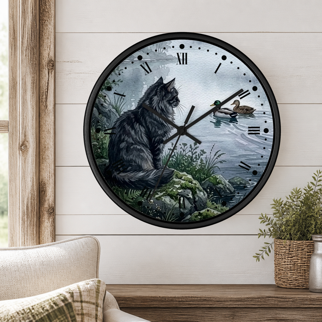A round wall clock with a black frame and Roman numerals, featuring an illustration of a fluffy gray cat sitting by a pond with ducks, mounted on a white shiplap wall above a wooden mantel with a plant.