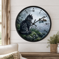 A round wall clock with a black frame and Roman numerals, featuring an illustration of a fluffy gray cat sitting by a pond with ducks, mounted on a white shiplap wall above a wooden mantel with a plant.