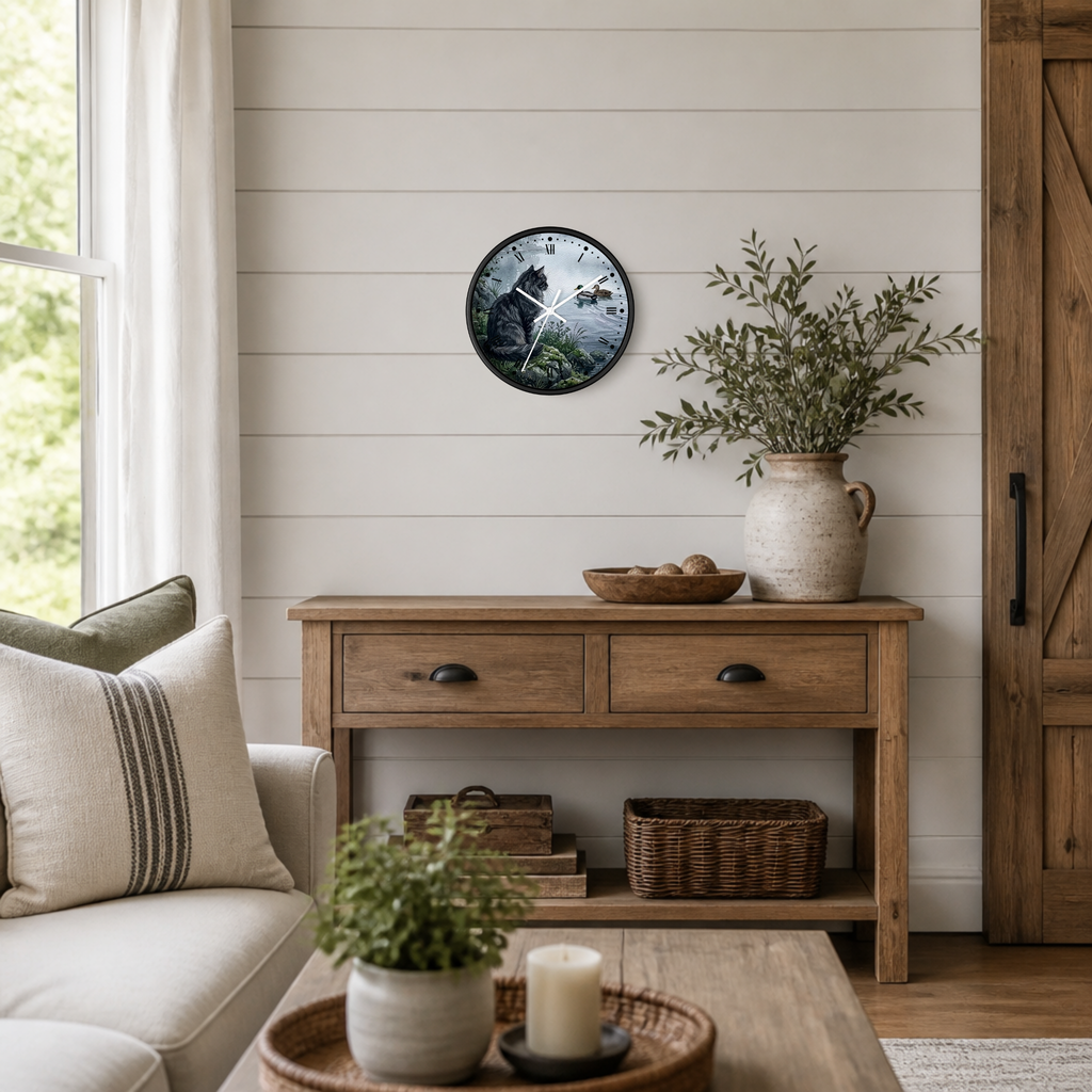 A round wall clock with a colorful cat by a lake illustration hangs on a white shiplap wall above a rustic wooden console table in a styled living room setting.