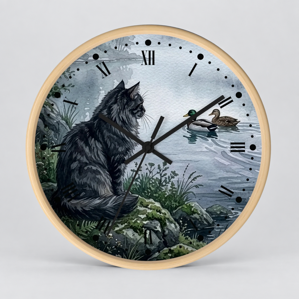 Round wall clock with a light natural wood frame and a printed scenic face showing a large black cat sitting by a lake, with a duck on the water and black Roman numerals around the dial.