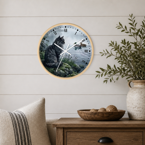Round wall clock with a light wood frame featuring an illustration of a black cat sitting by a lake watching two ducks, shown hanging on a white shiplap wall above a wooden side table with a vase and bowl.