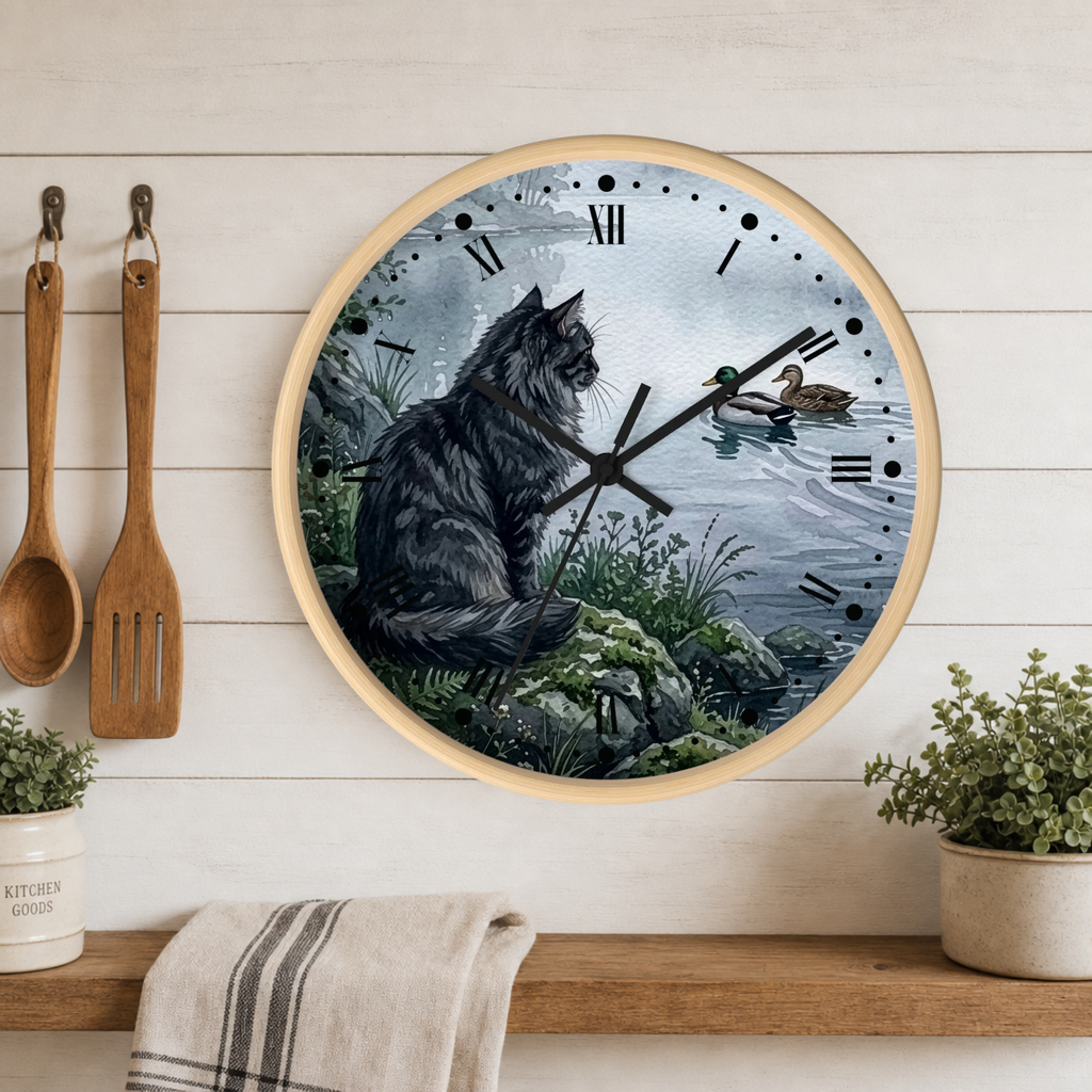 Round wall clock with a light wood frame featuring an illustration of a black cat sitting by a pond with ducks, mounted on a white wood plank wall above a shelf with plants and kitchen utensils.
