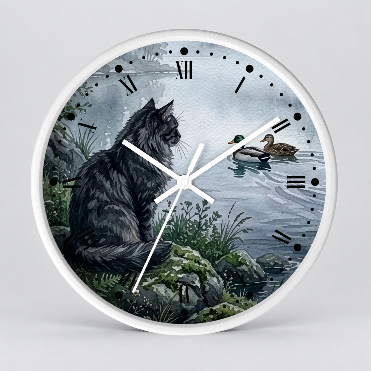 Round wall clock with a white frame and a printed illustration of a black cat sitting by the water next to two ducks, with black Roman numerals and white clock hands on a light gray background.