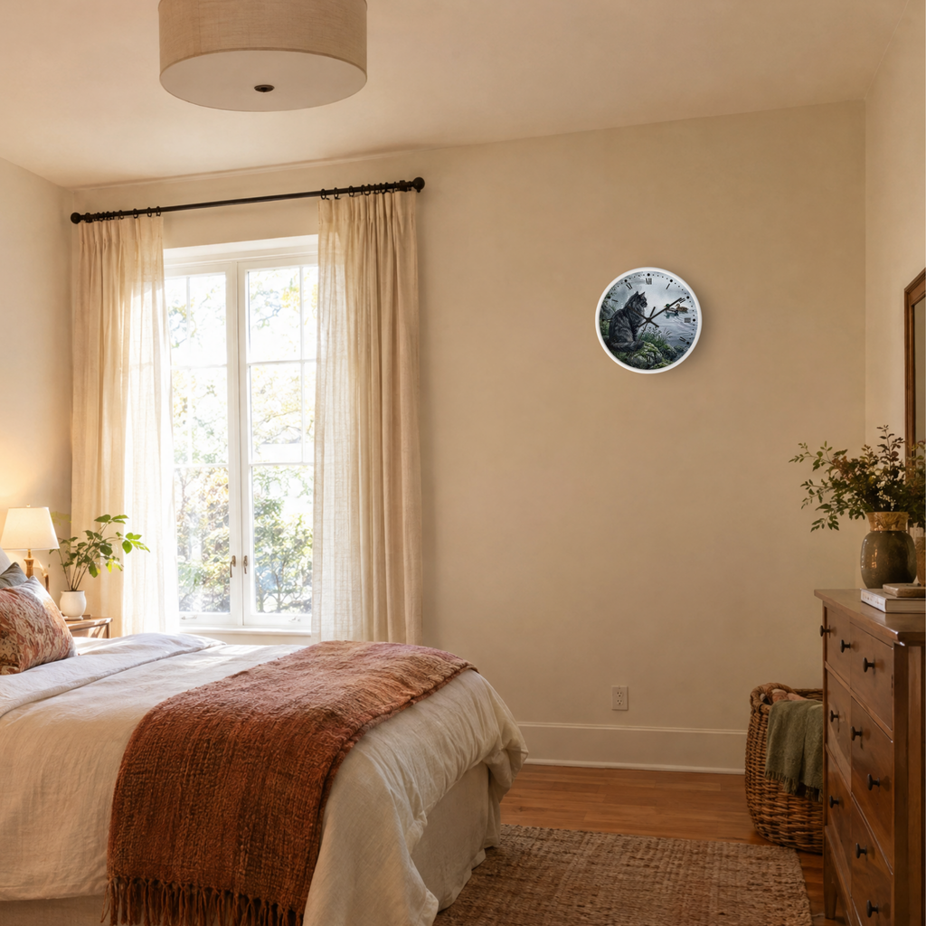 A round wall clock with a tabby cat sitting by a lake watching two mallard ducks illustration, mounted on a beige wall in a styled bedroom setting.