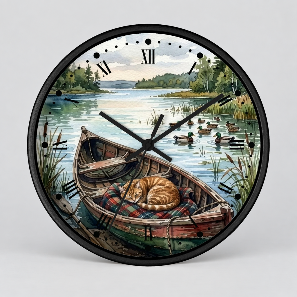Round wall clock with a black frame and a scenic illustration of a cat sleeping in a rowboat on a lake, with ducks and trees in the background. The clock face has black Roman numerals and black hands.