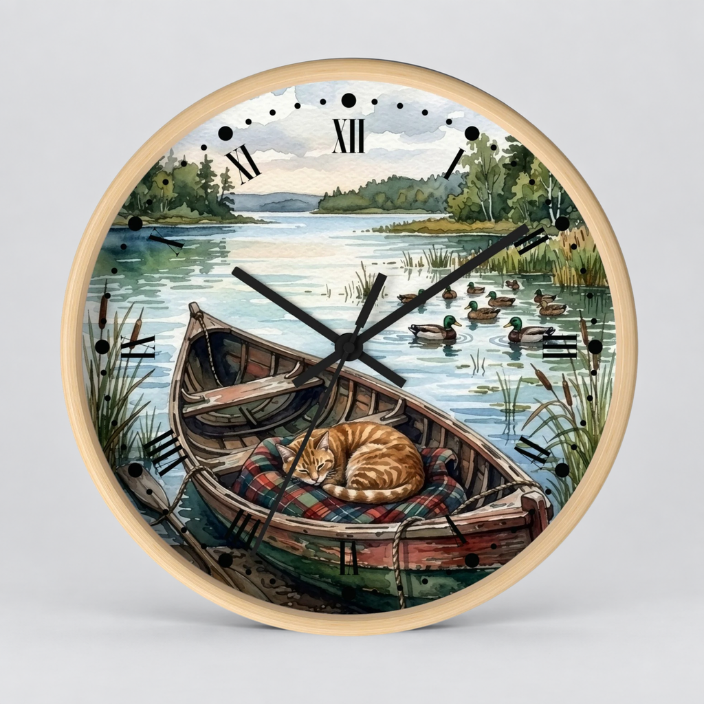 Round wall clock with a light wood frame and a scenic illustration of a sleeping orange tabby cat in a wooden rowboat on a lake, with ducks and trees in the background. The clock face has black Roman numerals and black clock hands.