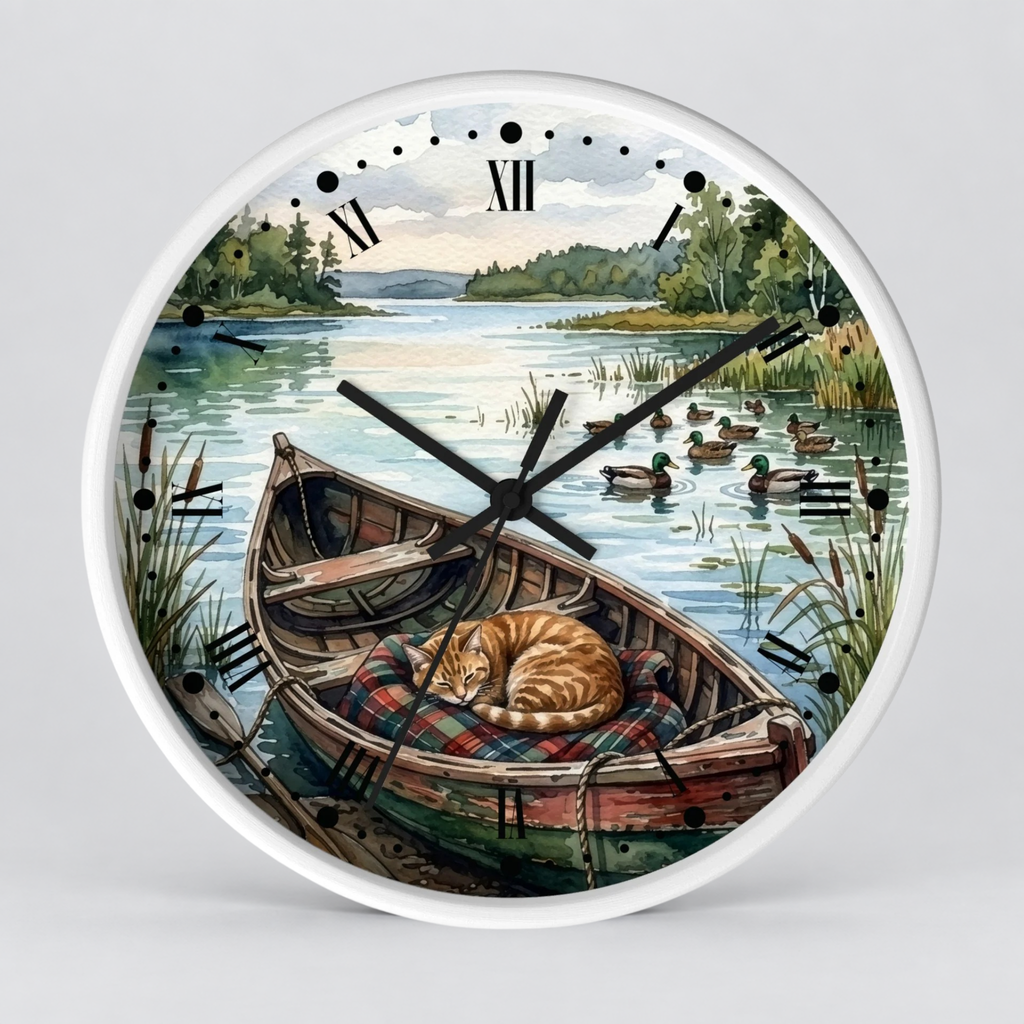 Round wall clock with a white frame and a scenic illustration of an orange tabby cat sleeping in a wooden rowboat on a lake, with ducks and trees in the background. Black Roman numerals and clock hands are visible.