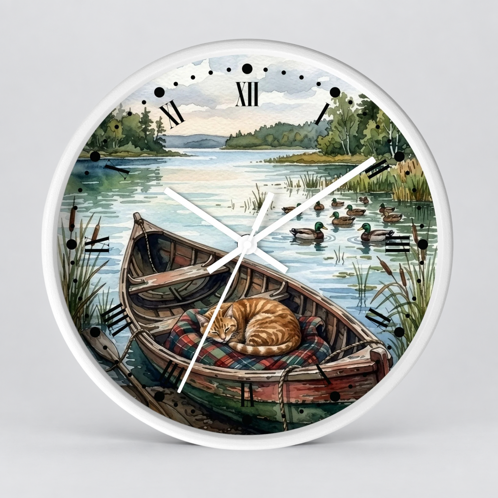 Round wall clock with a white frame and a scenic illustration of a cat sleeping in a wooden boat on a lake, with ducks and trees in the background. Roman numerals mark the hours, and the clock hands are white.