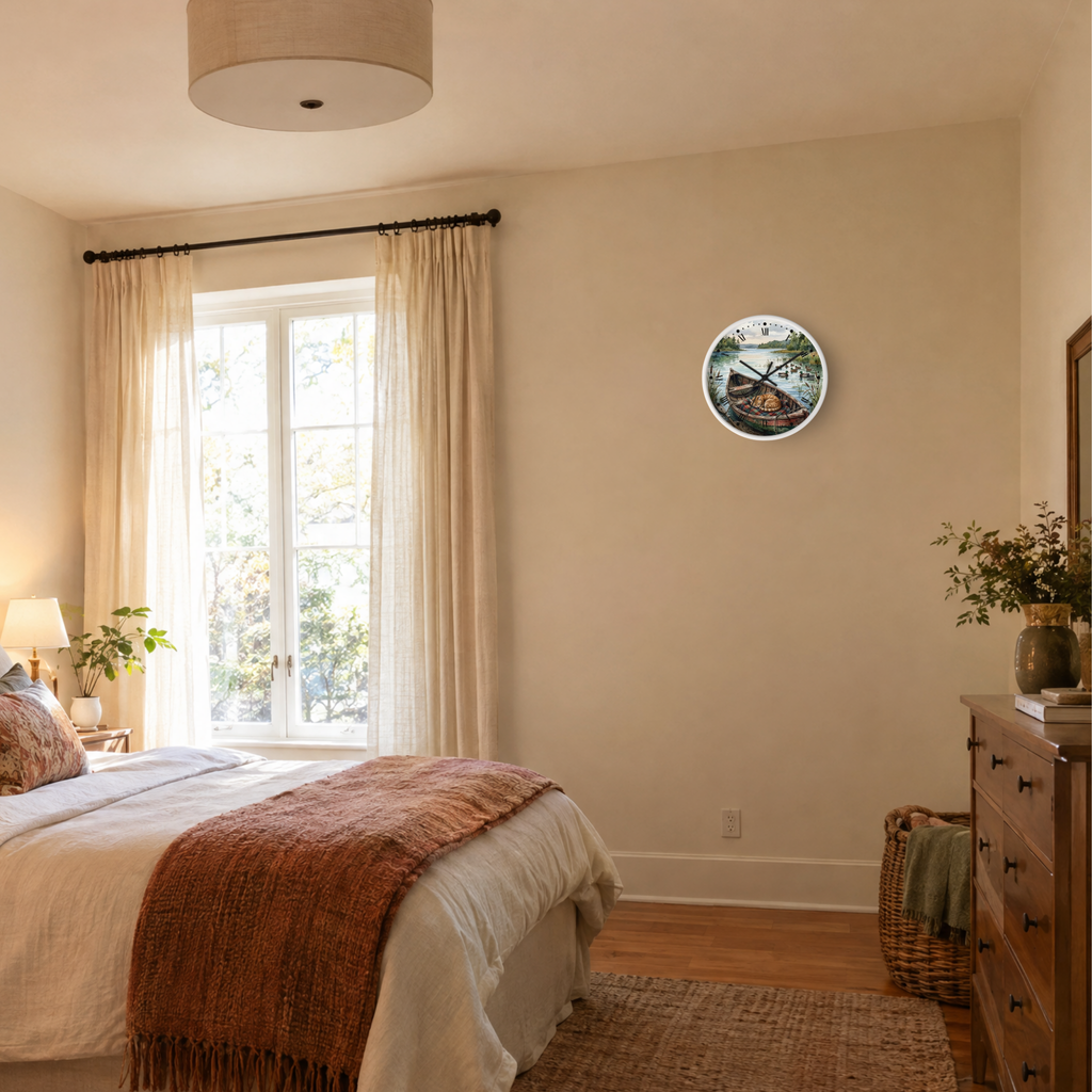 A round wall clock with a scenic cat print is mounted on a beige wall in a styled bedroom setting with a bed, window, and wooden dresser.