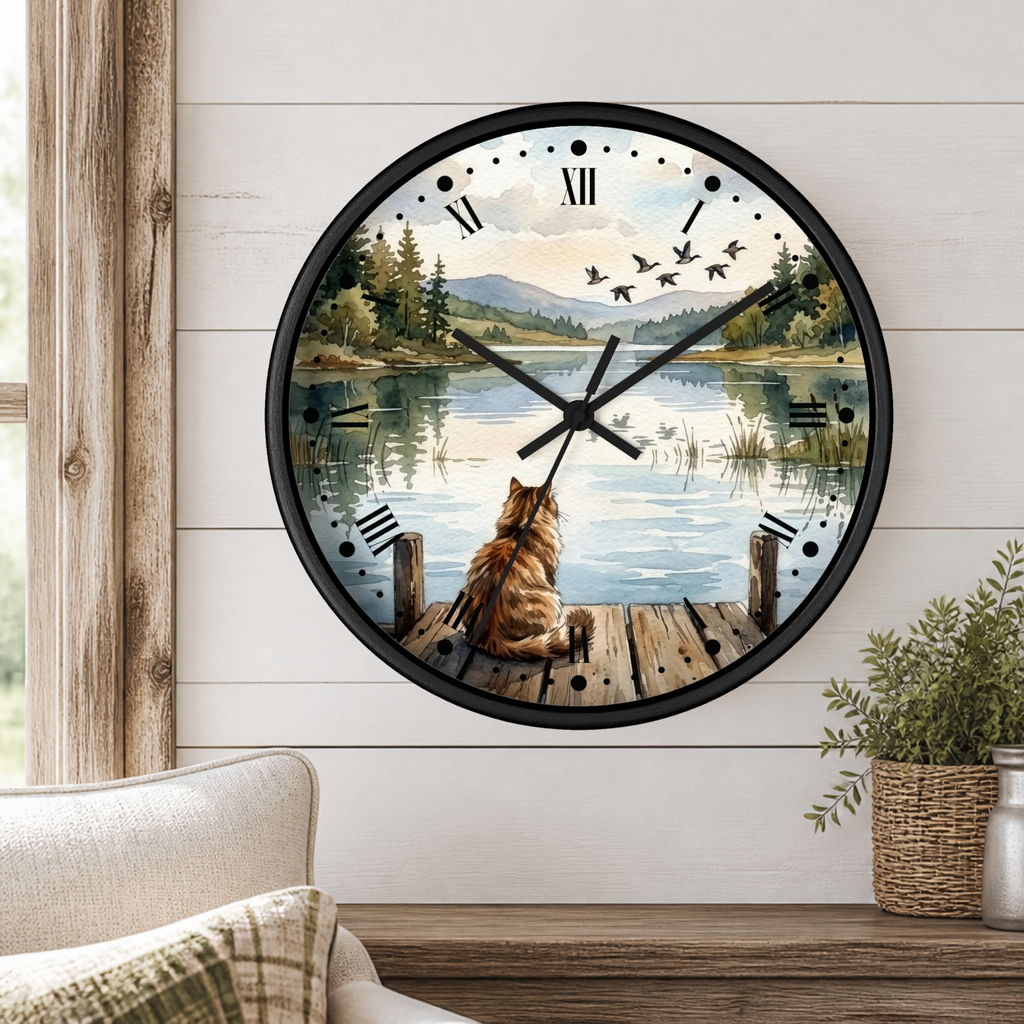 Lakefront Cat Watching Ducks Wall Clock —  Scenic Animal Decor