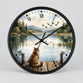 Lakefront Cat Watching Ducks Wall Clock —  Scenic Animal Decor