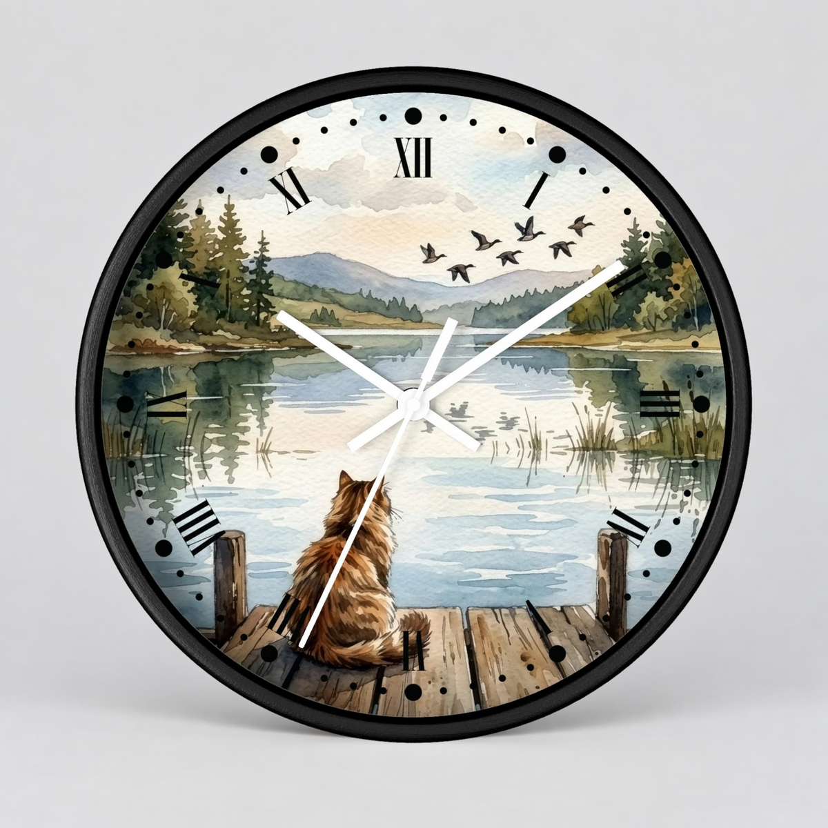 Lakefront Cat Watching Ducks Wall Clock —  Scenic Animal Decor