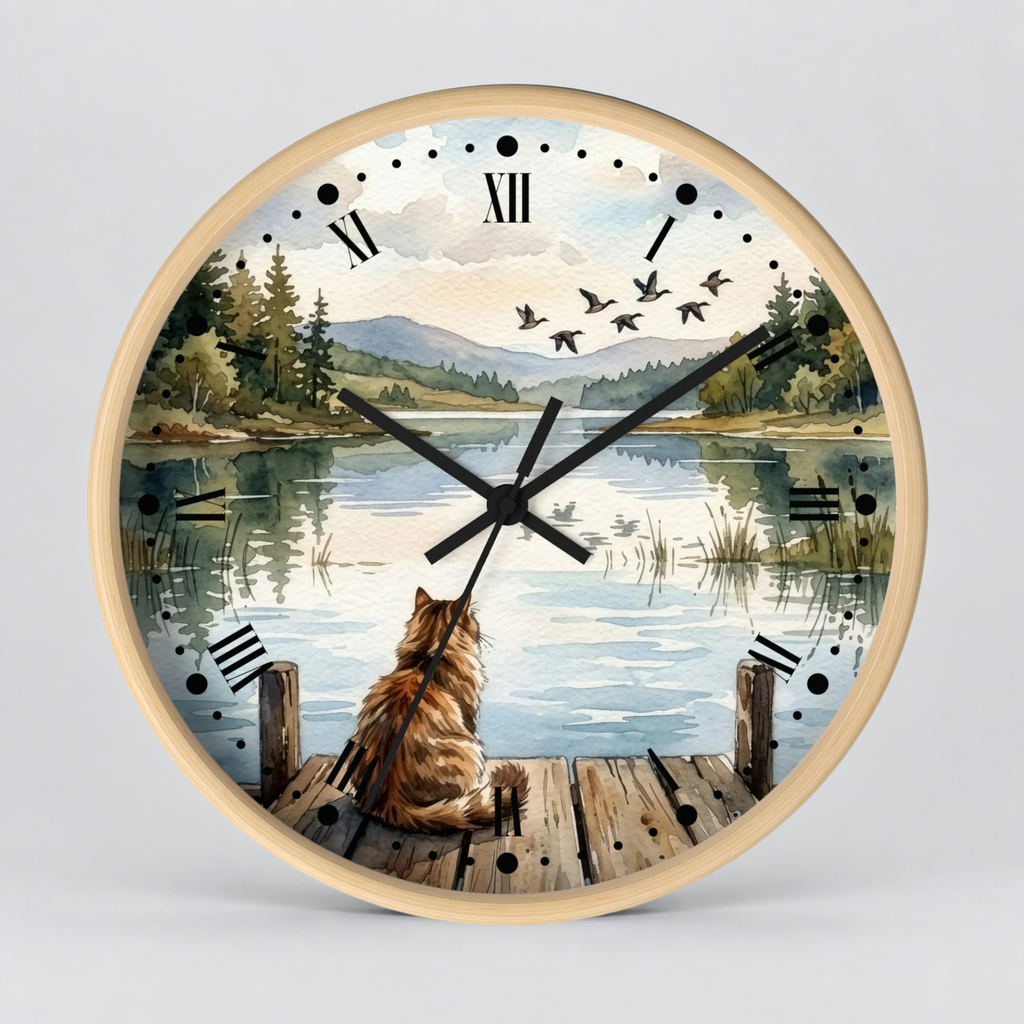 Lakefront Cat Watching Ducks Wall Clock —  Scenic Animal Decor