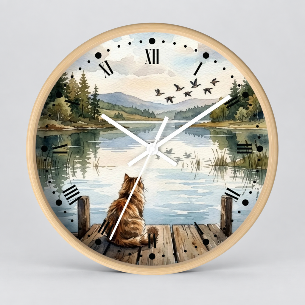 Lakefront Cat Watching Ducks Wall Clock —  Scenic Animal Decor