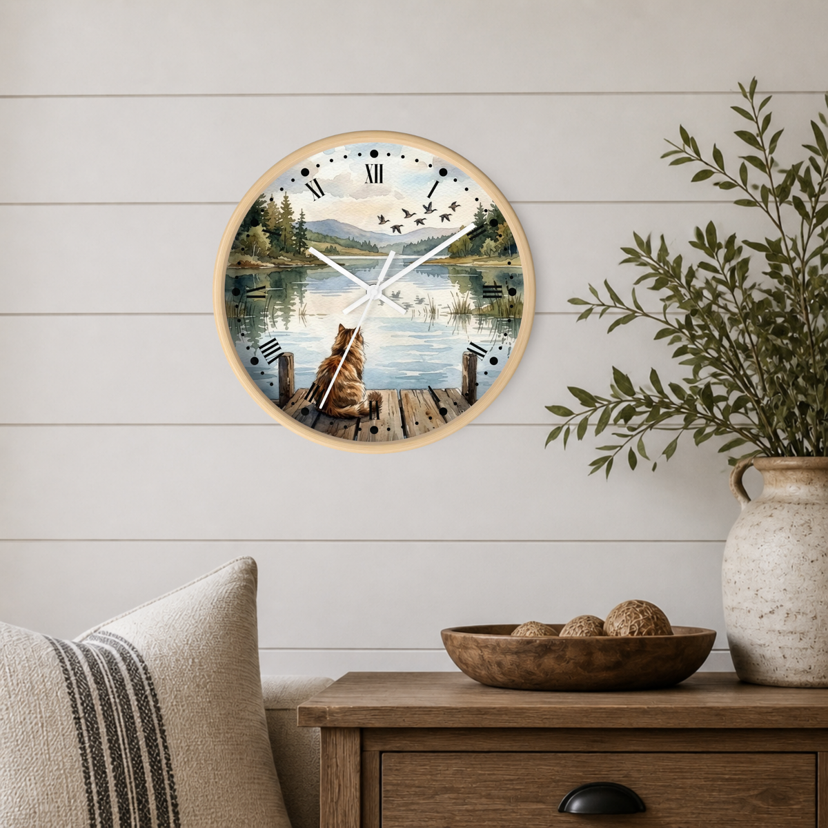 Lakefront Cat Watching Ducks Wall Clock —  Scenic Animal Decor