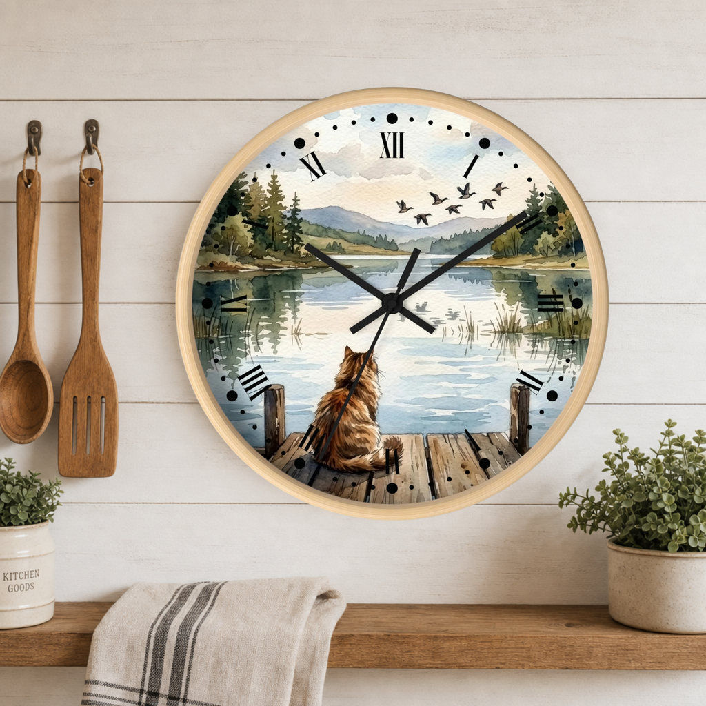 Lakefront Cat Watching Ducks Wall Clock —  Scenic Animal Decor