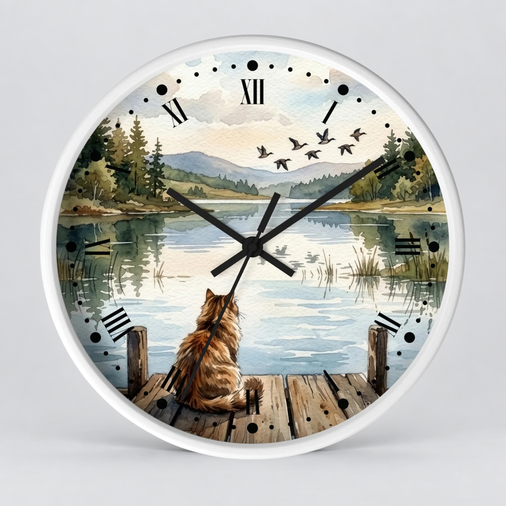 Lakefront Cat Watching Ducks Wall Clock —  Scenic Animal Decor