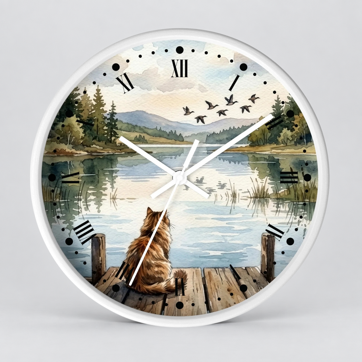 Lakefront Cat Watching Ducks Wall Clock —  Scenic Animal Decor