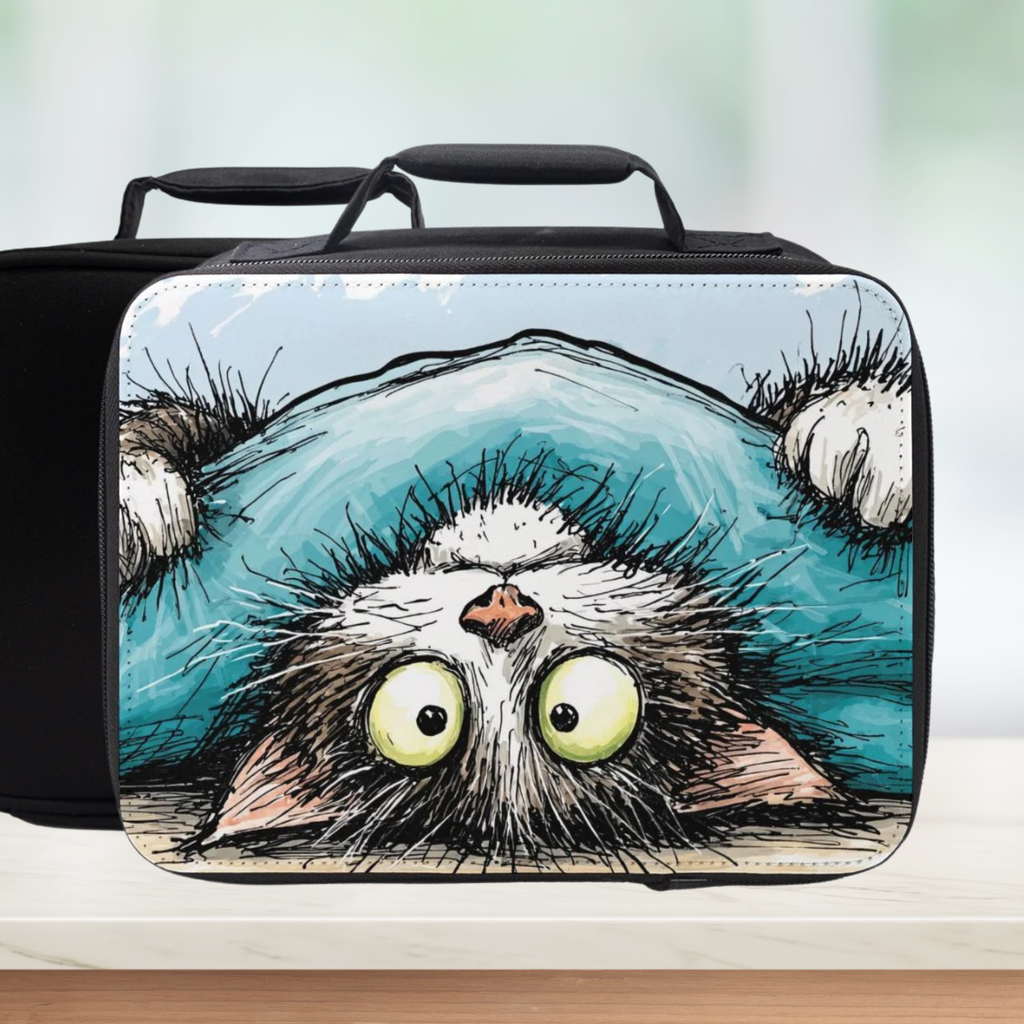 Black lunch bag with a cartoon cat design on a white background