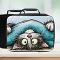 Black lunch bag with a cartoon cat design on a white background