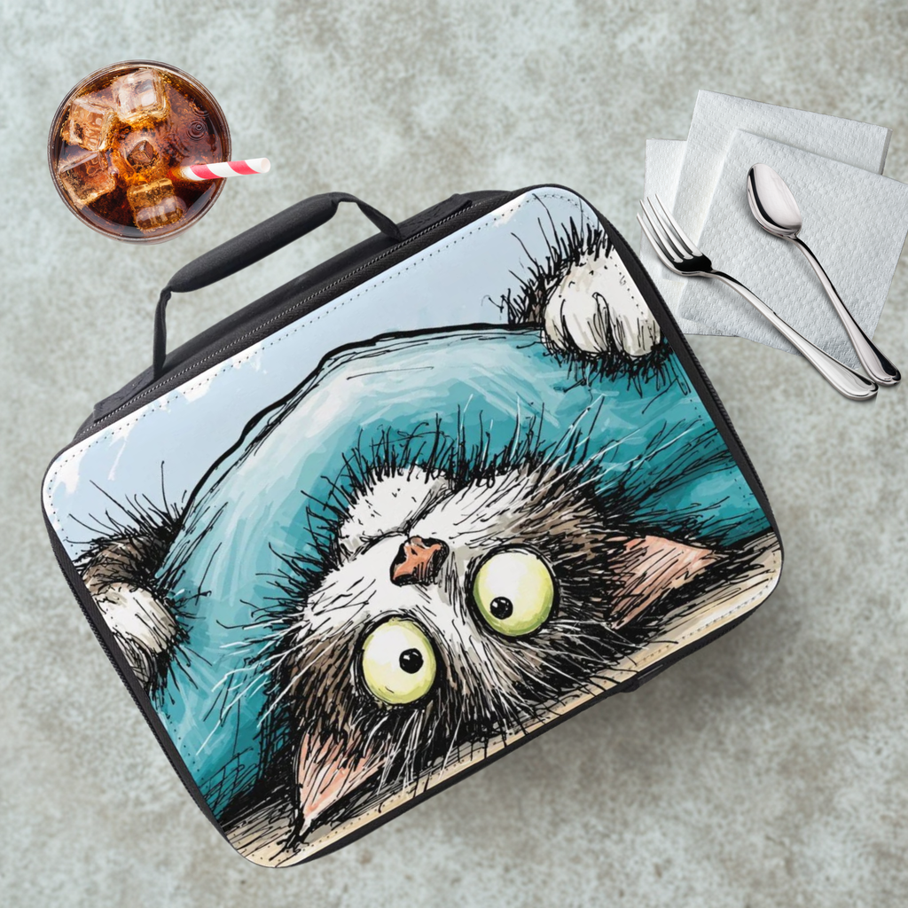 Lunch bag with a cat illustration on a cafeteria table with a drink and utensils.