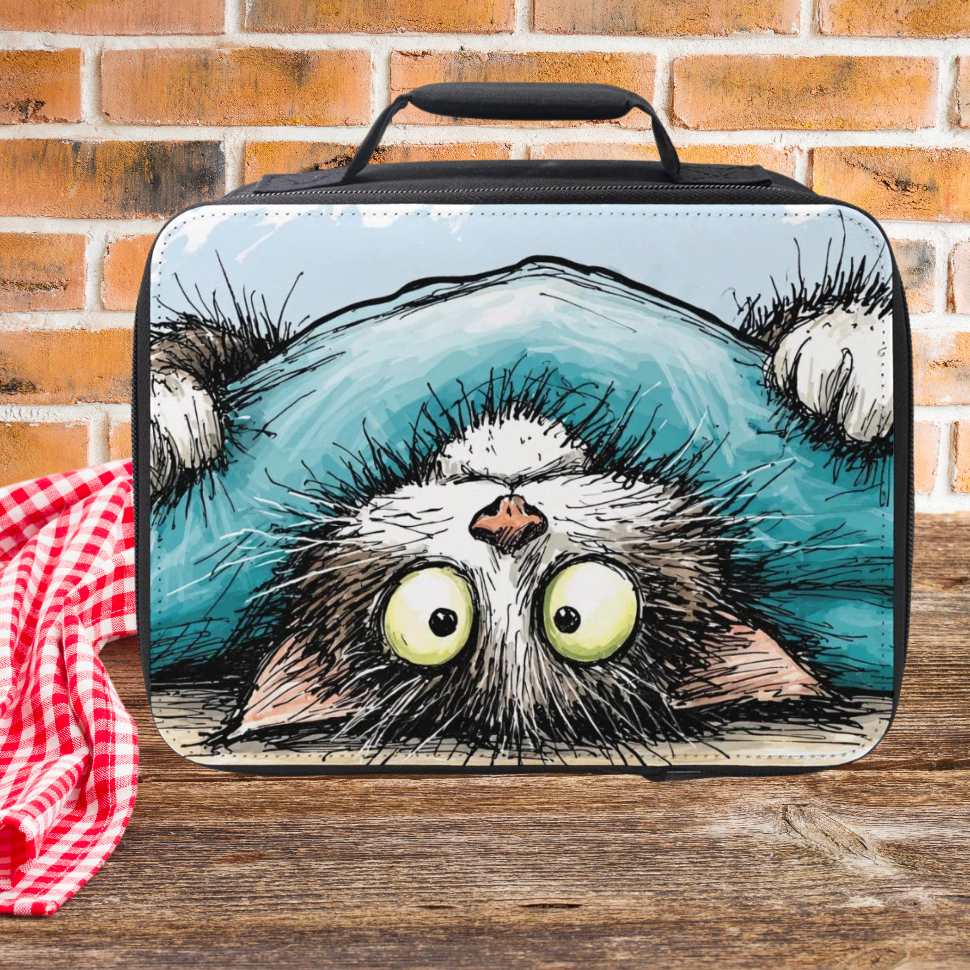 Lunch bag with a cat design on a wooden picnic table and brick wall background
