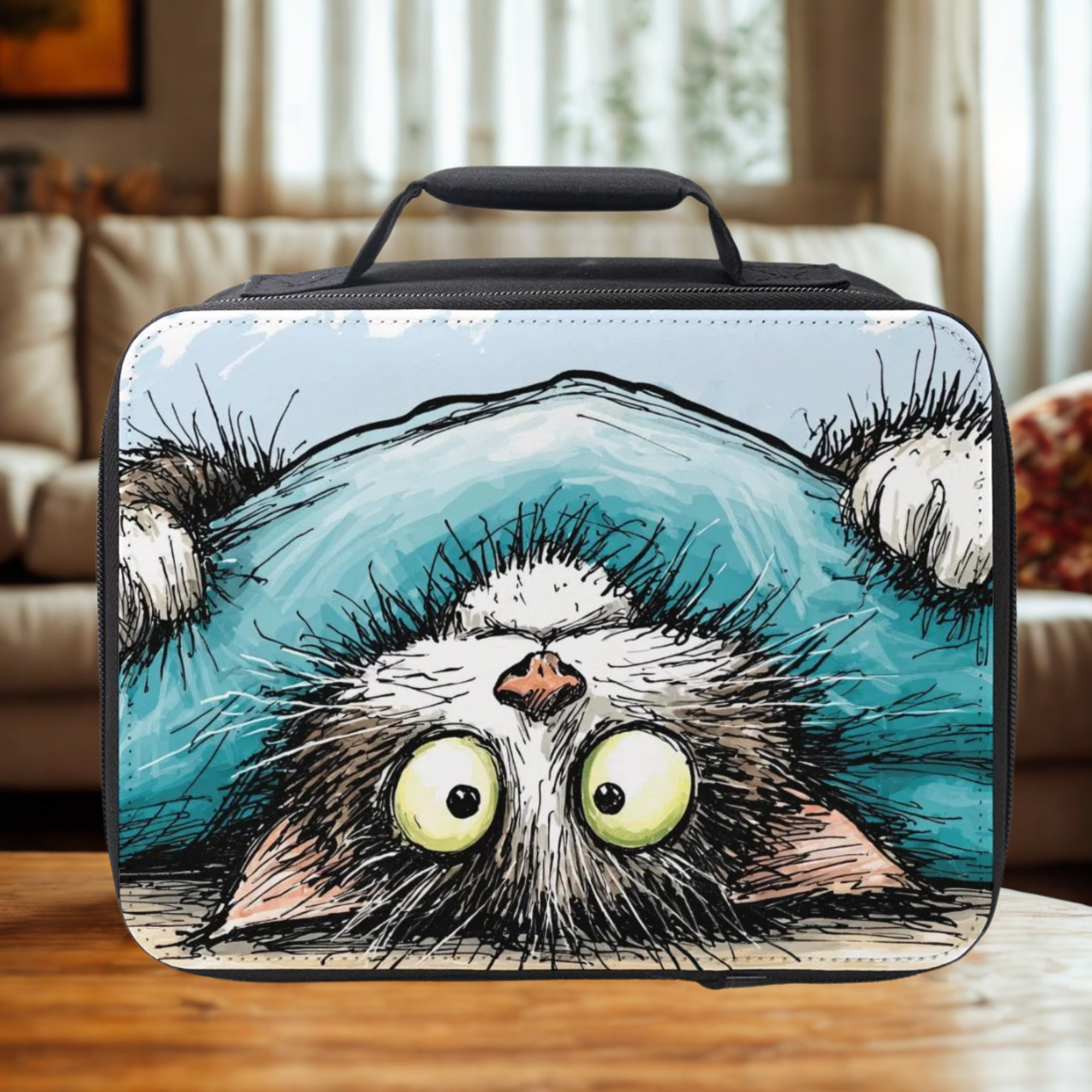  lunch box with a cartoon cat design on a wooden living room table