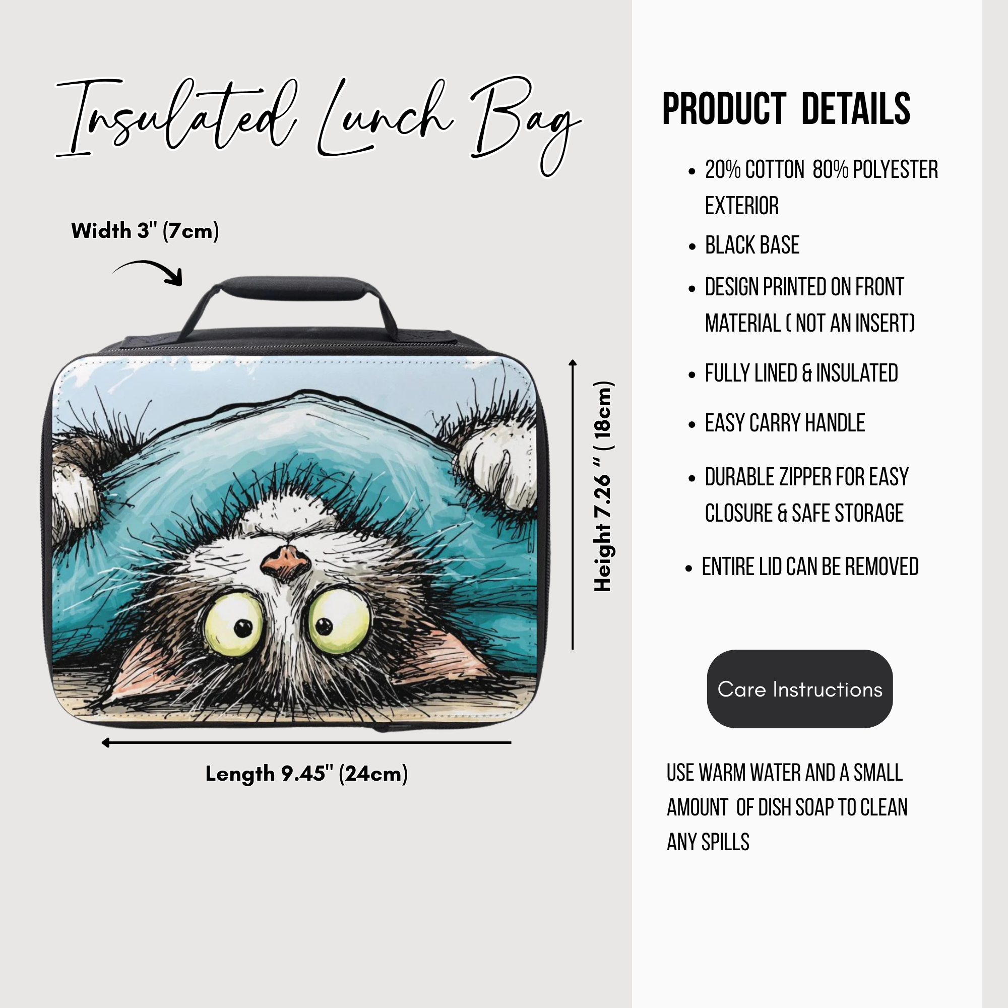 Insulated lunch bag with a cat design, featuring dimensions and product details on a white background.