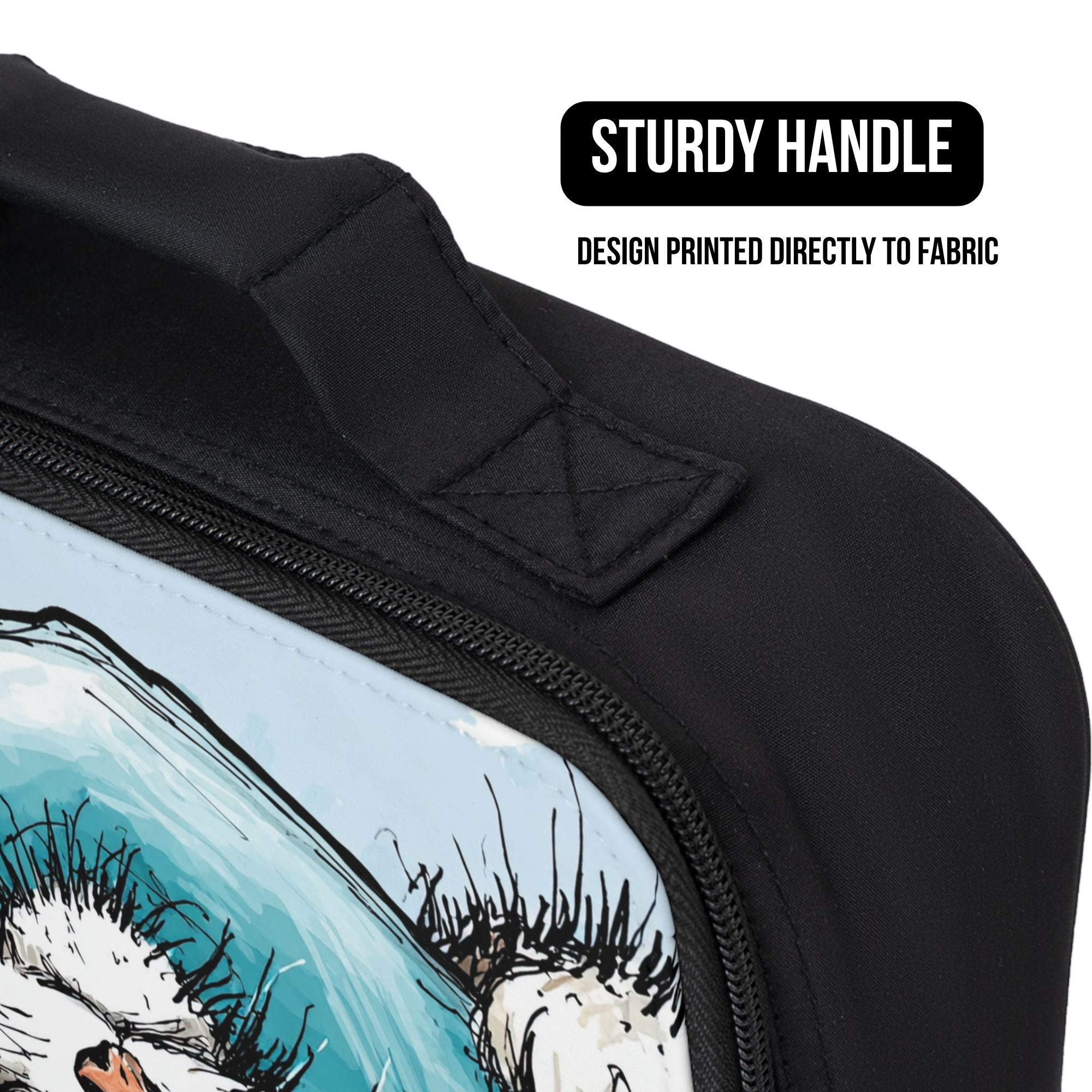 Black lunch bag with a design printed directly to fabric and a sturdy handle.