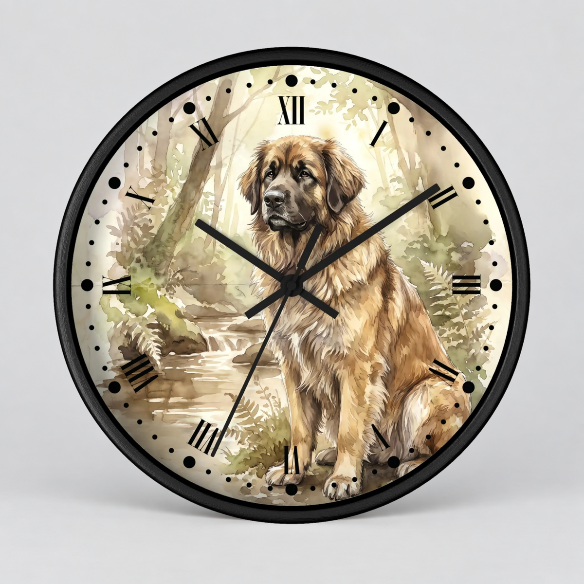 A round wall clock with a black frame and a printed illustration of a Leonberger dog in a forest setting, with black Roman numerals and hands on a light gray background.