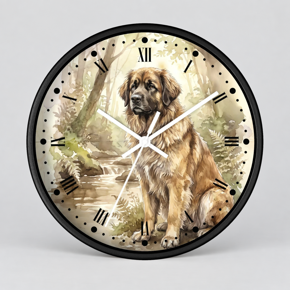A round wall clock with a black frame and a printed illustration of a Leonberger dog in a forest scene. The clock face has black Roman numerals, black dot hour markers, and white hands against a light gray background.