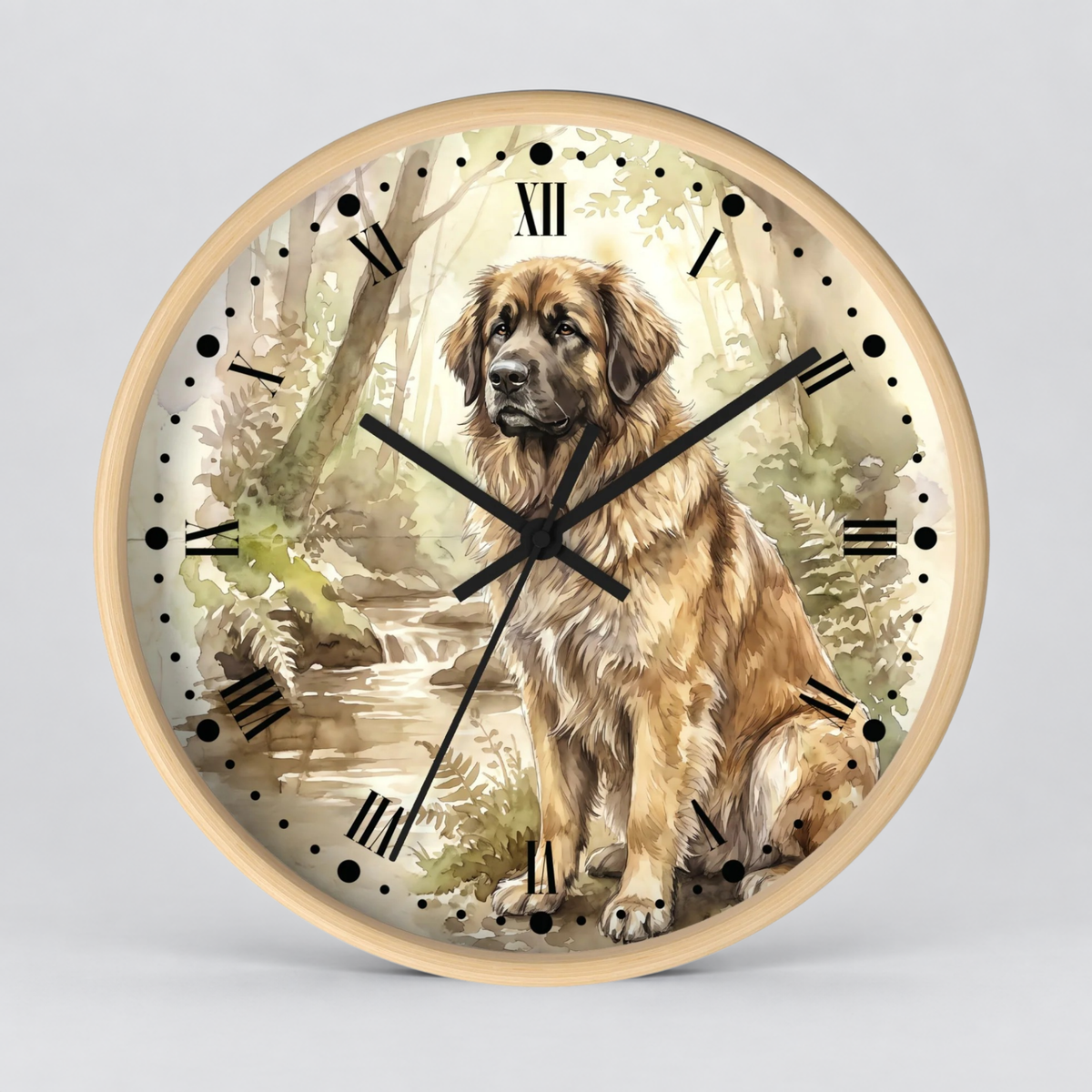 Round wall clock with a light wood frame and a printed dog portrait on the face. The artwork shows a Leonberger dog seated in a forest scene, with black Roman numerals and black clock hands on a light gray background.