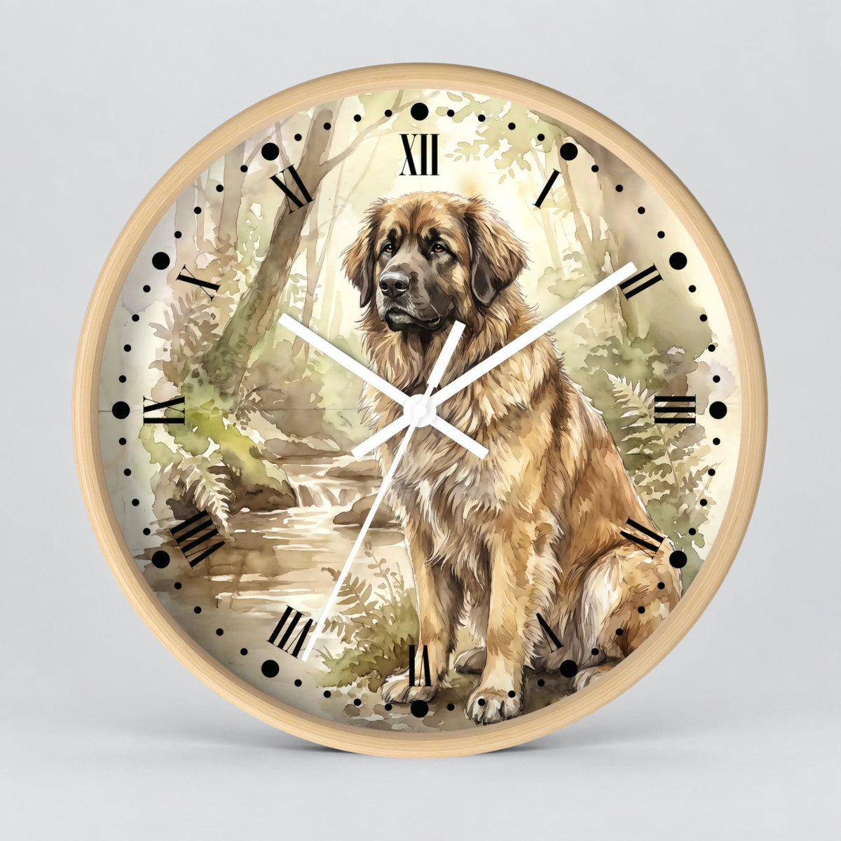 Round wall clock with a light wood frame and a printed illustration of a Leonberger dog sitting by a stream in a forest. The clock face has black Roman numerals and black dot hour markers, with white clock hands.