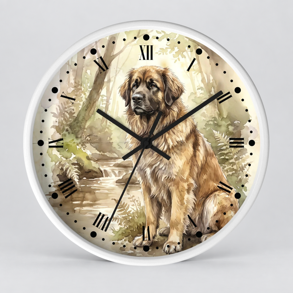 Round wall clock with a white frame and a printed Leonberger dog portrait on the face. The artwork shows a golden-brown dog seated in a misty forest scene, with black Roman numerals and black clock hands on a light gray background.