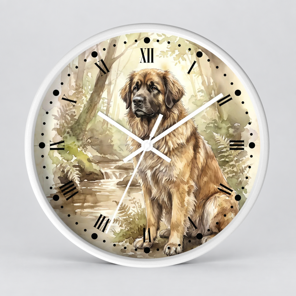 Round wall clock with a white frame and a printed illustration of a Leonberger dog sitting by a stream in a forest. The clock face has black Roman numerals, black dot hour markers, and white hands against a light gray background.
