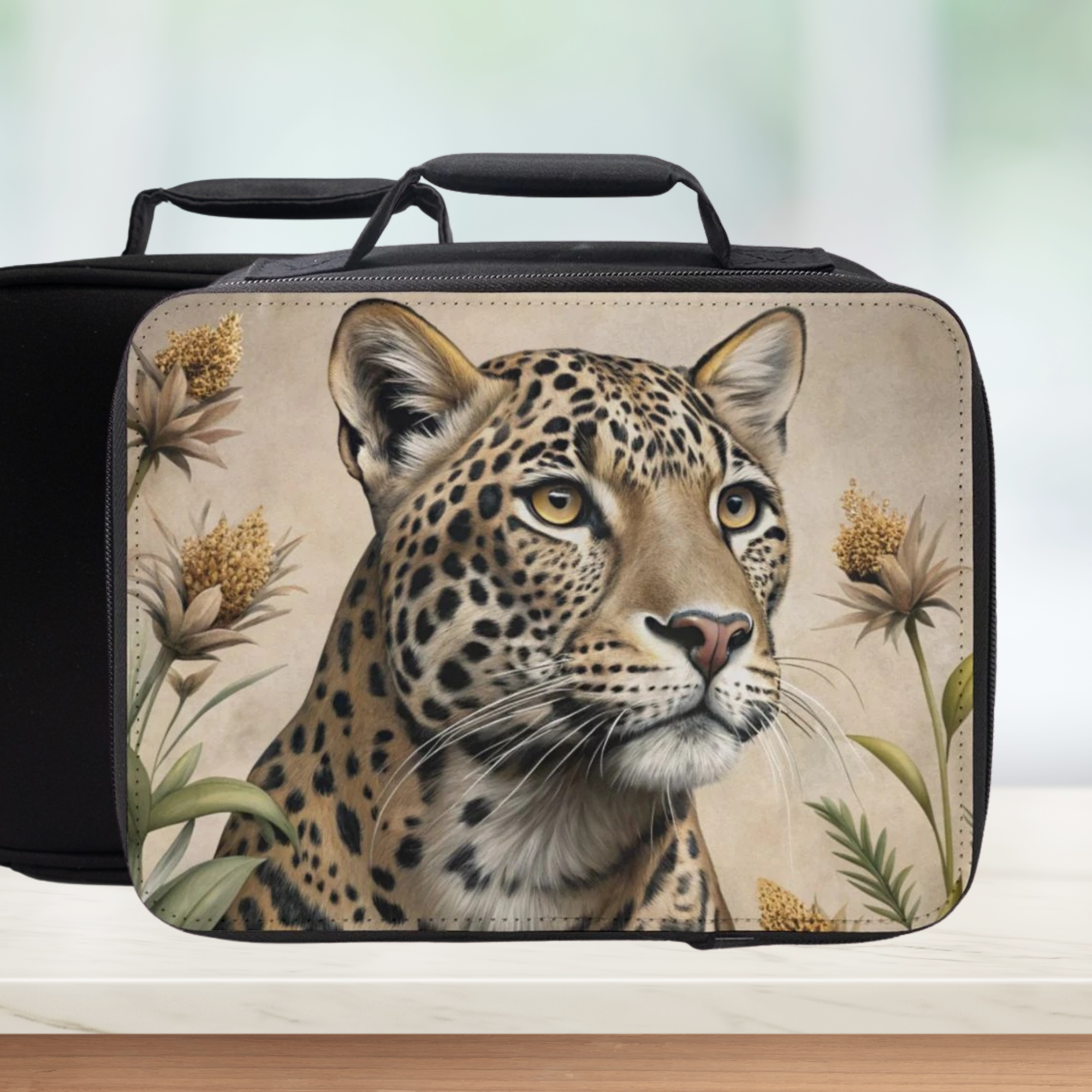  insulated lunch bag with a leopard design on a white background