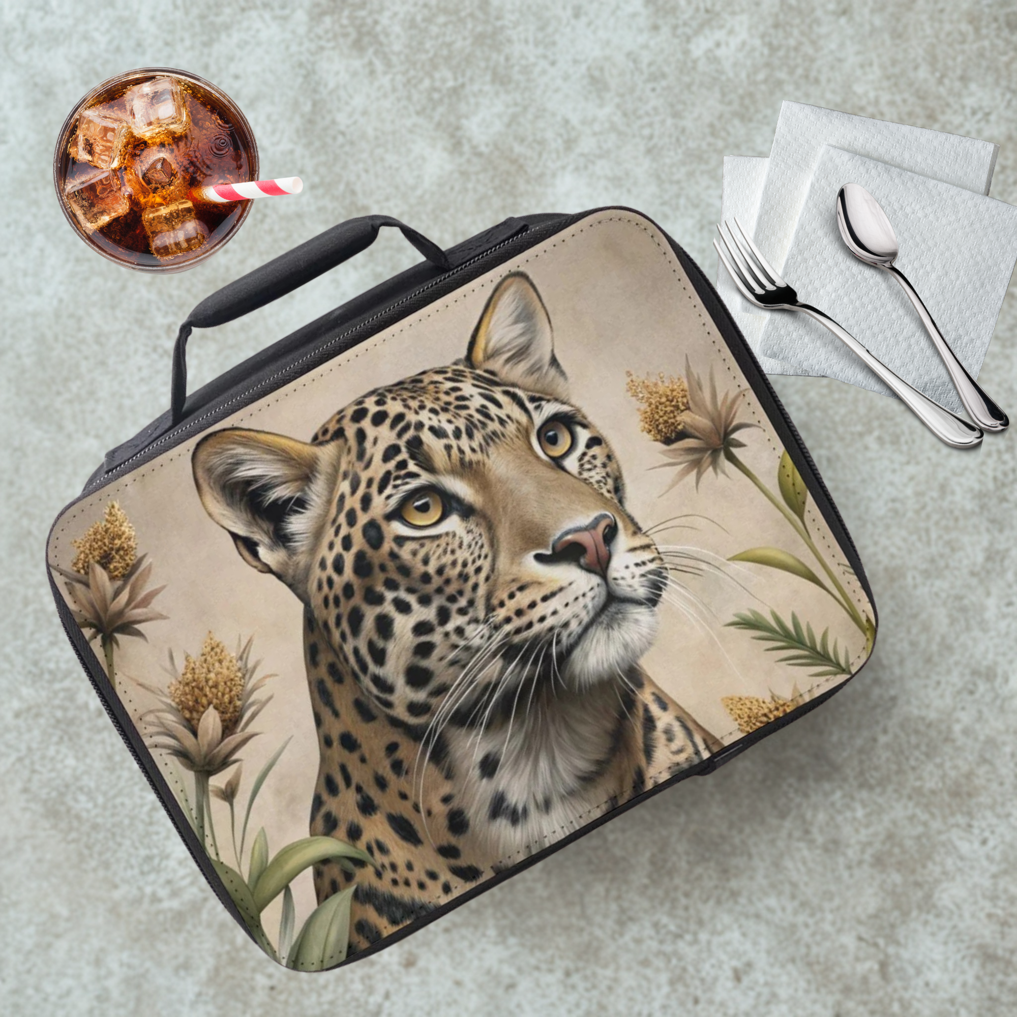 Leopard-themed lunch bag on a cafeteria table with a drink and utensils.