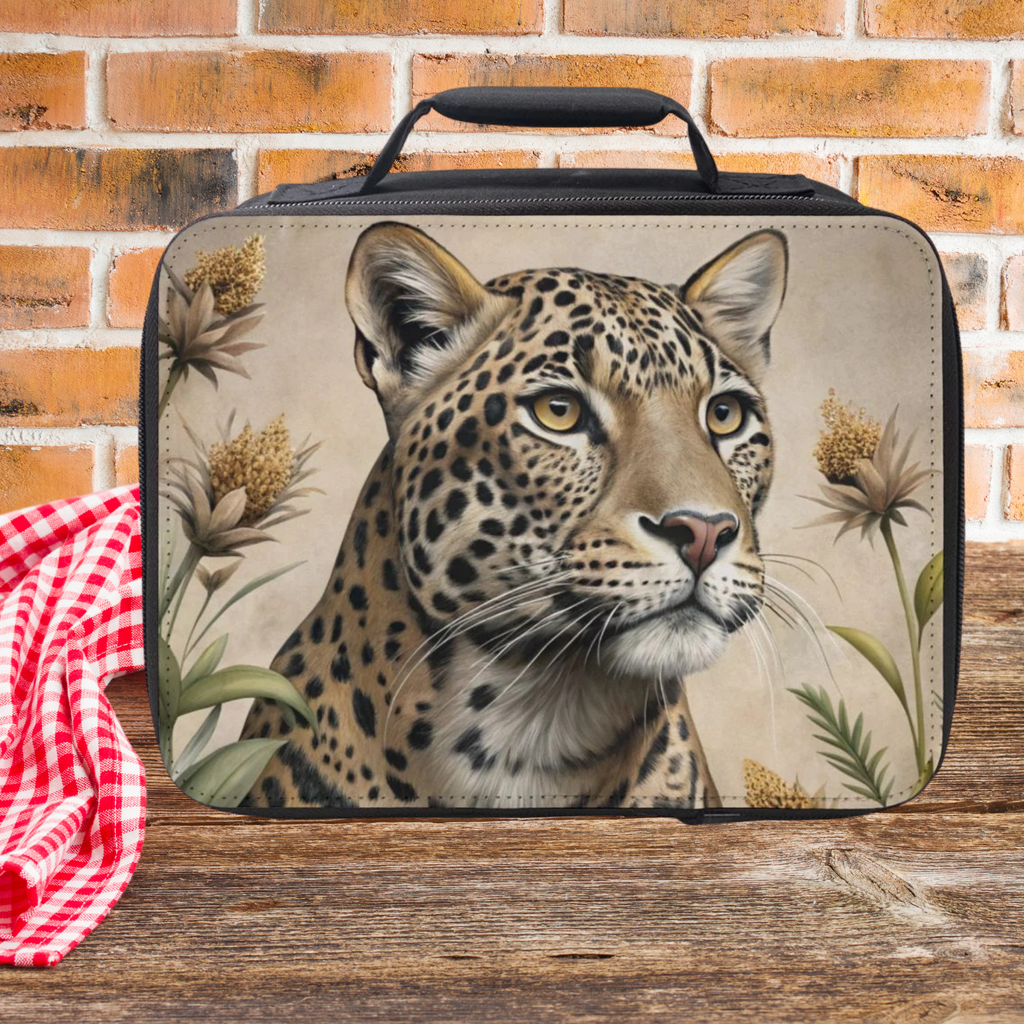 Lunch bag with a leopard design on a wooden picnic table against a brick wall background