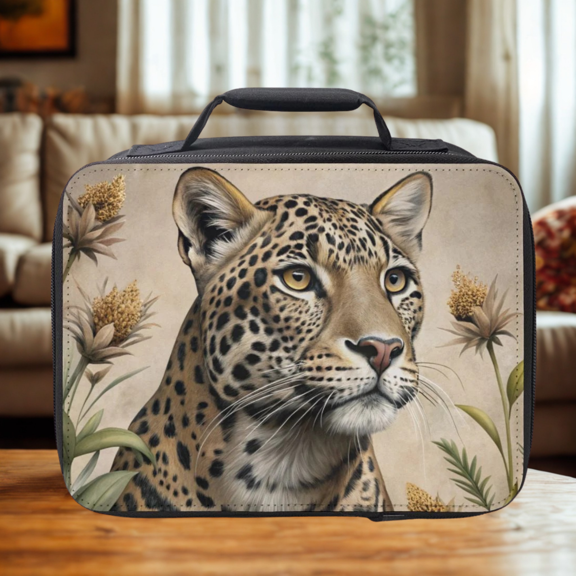 Leopard-themed lunch bag on a wooden surface with a blurred indoor background