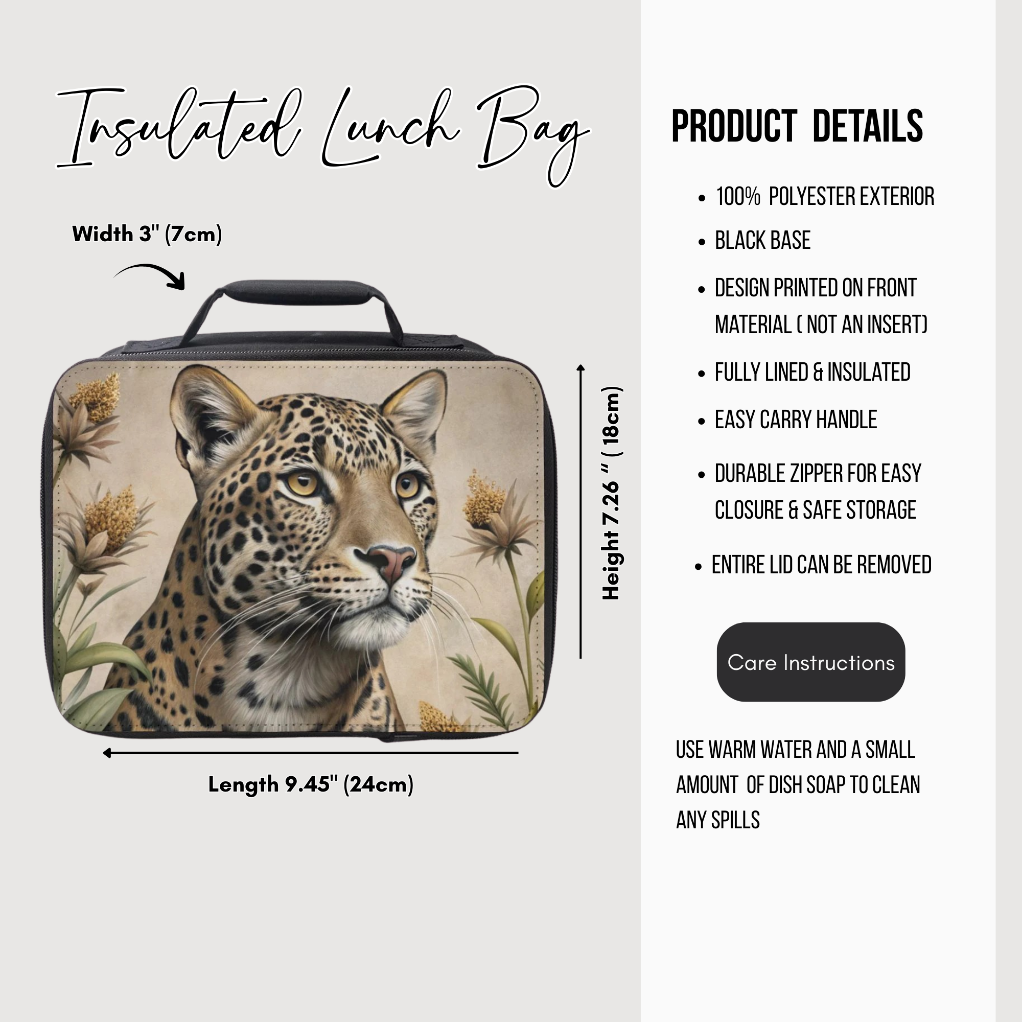 Insulated lunch bag with leopard design and product details on a white background